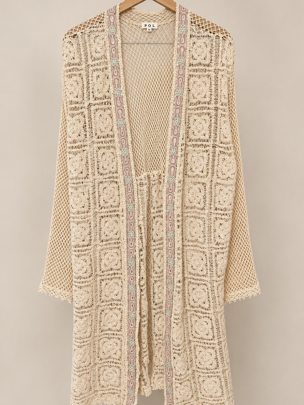 POL Crochet Lace Duster Cardigan Embroidered Sequin Boho Cream M - Picture 2 of 12